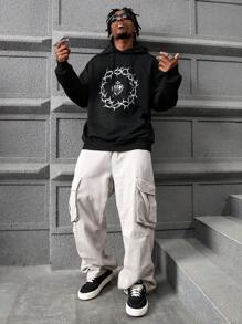 PAVTROS Luźny krój męska bluza z kapturem z długim rękawem i nadrukiem w kreskówkowe wzory, Halloween