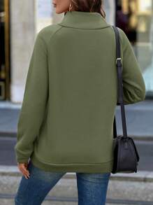 EMERY ROSE Stand Collar Button Details Raglan Sleeve Sweatshirt Warm,Long Sleeve Tops - Army Green - View 2