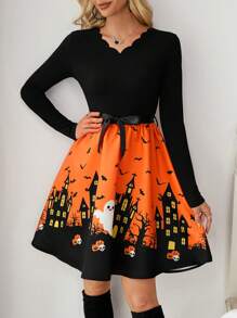 SHEIN Essnce Women's V-Neck Waist-Tie Shell-Trim Halloween Print Long Sleeve Mini Dress  Autumn Cute Cartoon Print Patchwork Waist Long Sleeve Dress For Halloween,Black