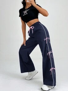 SHEIN PETITE 蝴蝶结装饰女裤 - 藏蓝色 - 查看 4