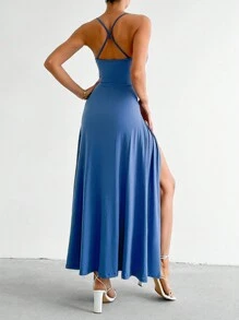 Cloudara Draped Collar Split Thigh Cami Dress - Blue - View 2