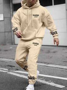 Manfinity Homme Bộ đồ nam 2 món gồm áo hoodie và quần nỉ giữ nhiệt in chữ, thích hợp cho mùa thu đông, bộ đồ nam giữ nhiệt phong cách đường phố. - Màu Khaki - Xem 1
