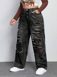 SHEIN ICON Quần Jeans Boyfriend Ống Thẳng Thời Trang Cỡ Lớn - Màu xám đen - Xem 4