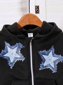 SHEIN 1件男童星形印花连帽休闲卫衣，可与兄弟姐妹搭配（2件单独出售） - 黑色 - 查看 5