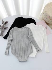 SHEIN 3件套新生女宝宝休闲纯色针织弹力连体衣套装 - 黑與白 - 查看 2