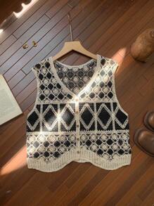 Comfortcana Women's Casual Diamond Pattern Knitted Cardigan Vest