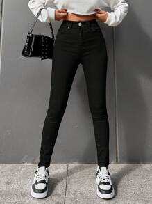 RueChic Solid Slant Pocket Skinny Pants - Black - View 5