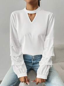 Chiquease Blusa holgada con decoración de cuentas y mangas abullonadas para mujeres