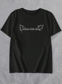 INAWLY 大码女式翼龙印花圆领短袖休闲 T 恤女式图案 T 恤夏季 - 黑色 - 查看 6