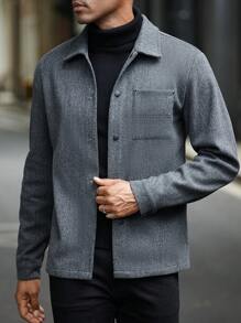 Manfinity Homme 男士深灰色纽扣夹克，男士高品质换季时尚单品：时尚灰色衬衫式夹克，外出上衣，冬季外套 - 深灰色 - 查看 4