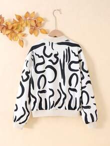 SHEIN Young Girl's Geometric Pattern Knit Short Baseball Collar Casual Jacket - Black and White - View 2