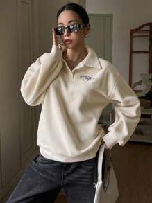 DAZY 女士宽松字母刺绣翻领长袖卫衣，长袖上衣，秋季女装，保暖内衬 - 杏色 - 查看 5