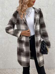 SHEIN Clasi 女士米色格子抽绳连帽拉链口袋大衣