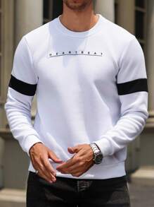 Manfinity Homme 男士时尚简约字母印花圆领长袖运动衫外出字母拼色运动衫，适合朋友、丈夫、男朋友的礼物，适合秋季 - 白色 - 查看 4