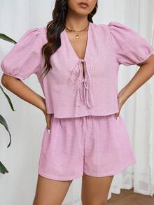 SHEIN Frenchy 大码条纹衬衫和短裤套装大码条纹休闲大码女士夏季两件套，宽松，短袖衬衫和短裤，轻松别致的度假套装，格子衬衫和格子短裤，领带，7 月 4 日 - 玫紅色 - 查看 3