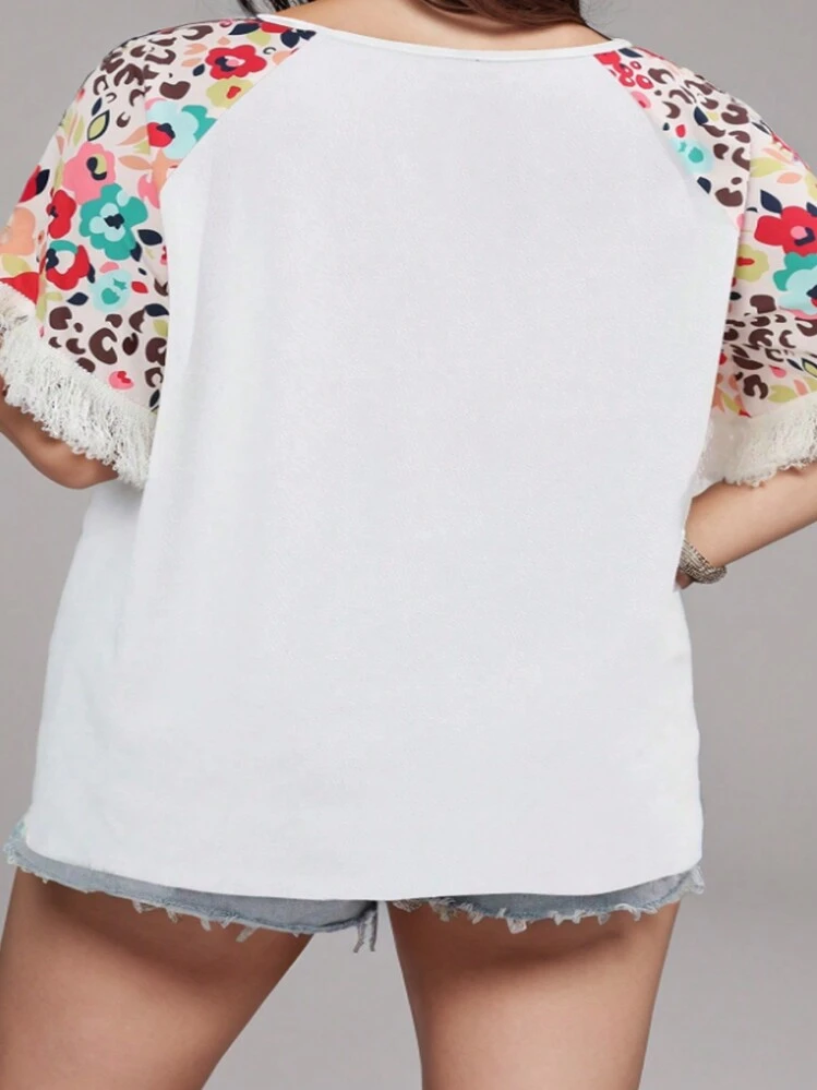 SHEIN Clasi Plus Graphic Print Fringe Trim Raglan Sleeve Tee - White - View 2