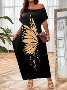 SHEIN LUNE Plus Butterfly Print Hidden Pocket Batwing Sleeve Dress Maxi Women Outfit - Black - View 3