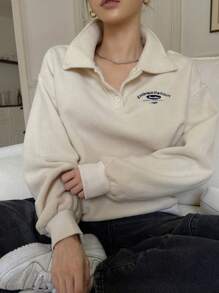 DAZY 女士宽松字母刺绣翻领长袖卫衣，长袖上衣，秋季女装，保暖内衬 - 杏色 - 查看 8