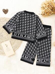 SHEIN 2pcs Baby Girls Houndstooth Sweater And Wide Leg Pants Set, Fashionable Knit Outfit For Fall/Winter - Multicolor - View 2