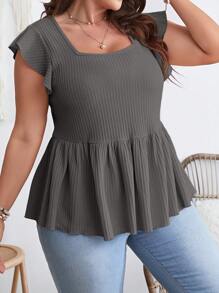 SHEIN LUNE 大码女式方领盖袖荷叶边下摆休闲 T 恤，秋季女式上衣 - 灰色 - 查看 1