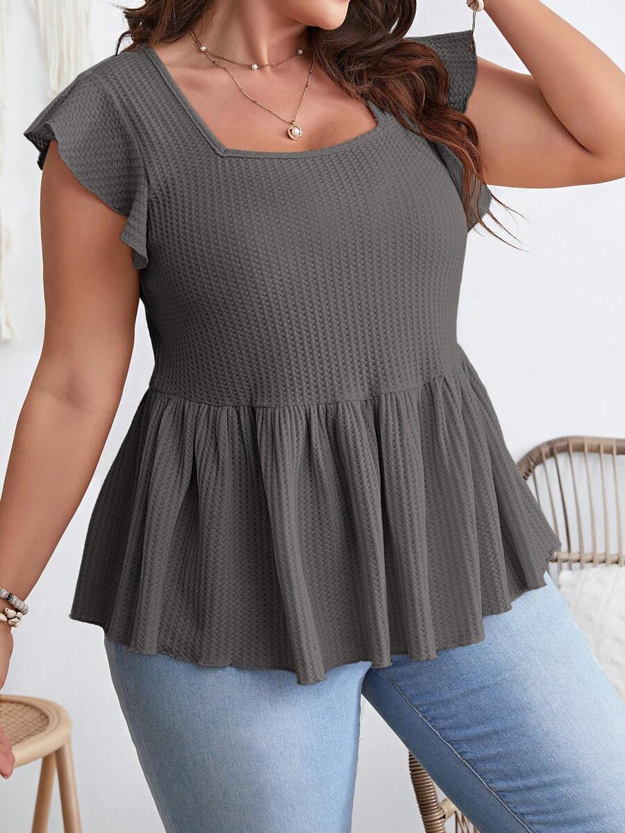 SHEIN LUNE 大码女式方领盖袖荷叶边下摆休闲 T 恤，秋季女式上衣 - 灰色 - 查看 1