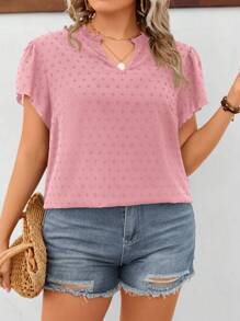 SHEIN LUNE Plus Swiss Dot Notched Neck Blouse - Coral Pink - View 4