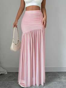 Elenzga Elegant Pink Pleated Mesh Skirt, Summer - Pink - View 5