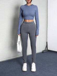 SHEIN EZwear Women's Fall And Winter Sportswear Casual Essentials Knit  Stretchy With Fleece Velvet  Thermal Comfy Athletic Jog Grey  Fitted  Leggings - Black - View 4