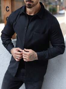 Manfinity Homme Men's Casual Solid Color Shacket, Spring & Autumn - Black - View 3