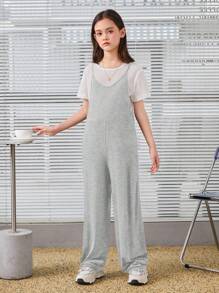 SHEIN Tween Girl  Daily Casual Knitted Solid Color V-Neck Jumpsuit - Light Grey - View 5