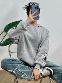 SHEIN Teen Girls Gray Spider Web Print Casual Drawstring Sweatshirt For Fall Winter Everyday Wear - Grey - View 5