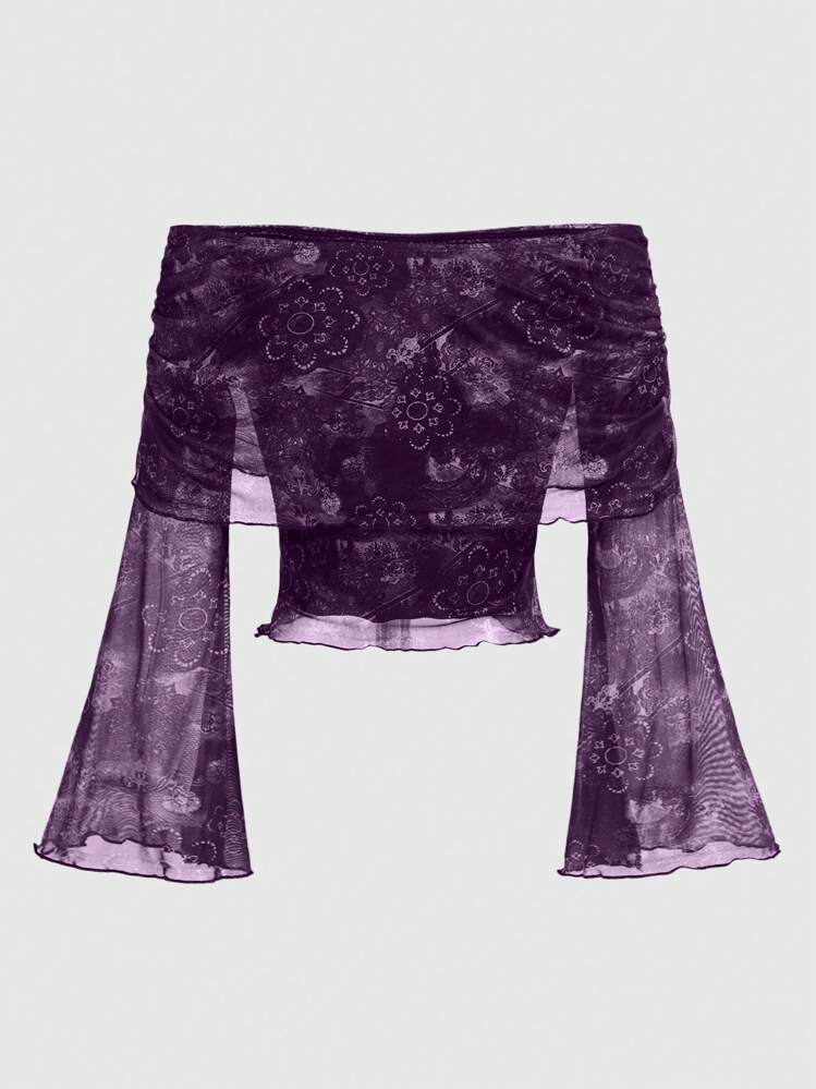 ROMWE Hippie Damen Vintage Blumenprint Off-Shoulder Trompetenärmel Bluse, Frühling Herbst - Violett - Übersicht 3