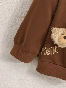 SHEIN 女童时尚趣味字母印花休闲日常穿着长袖可爱熊连帽衫带耳朵拉链夹克运动衫外套适合返校秋冬 - 彩色 - 查看 6