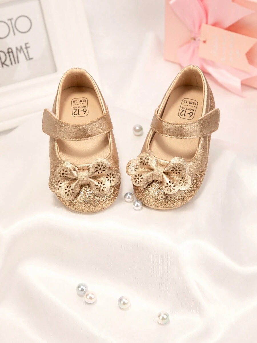 时尚女婴闪光蝴蝶结装饰派对风格平底鞋