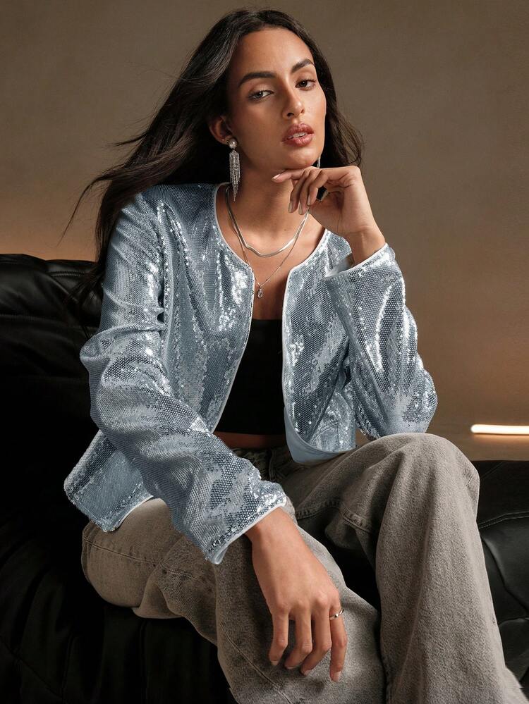 女性用 エレガントなスパークリングパーティーカクテルショートジャケット