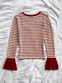 Soleia WYWH Women's Vacation Burgundy Striped Square Neck Flared Sleeve Knit Top With Bow Accent, Autumn Blouse