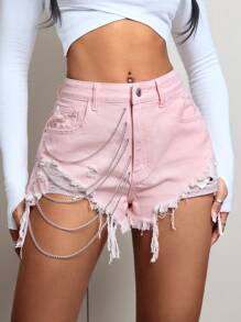 SHEIN EZwear Shorts vaqueros de verano con cadena decorativa, con bajos deshilachados y desgarrados - Rosa - Ver 3