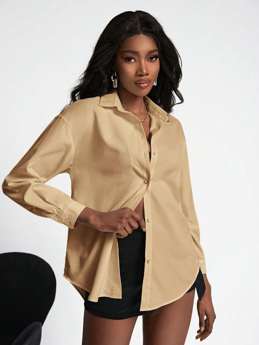 SHEINNeu Camisa casual de manga larga de unicolor para mujer, primavera y otoño - Caqui - Ver 1
