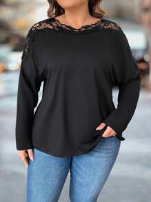 SHEIN LUNE Plus Size Women Black Spring And Summer Splicing Lace Long Sleeve Elegant T-Shirt