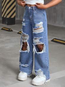 SHEIN Pantalones vaqueros anchos y rectos de cintura alta con efecto desgastado y bolsillos en ángulo, de estilo Y2K y color claro, para niña preadolescente, ropa de calle para volver al colegio en otoño - Azul lavado medio - Ver 4