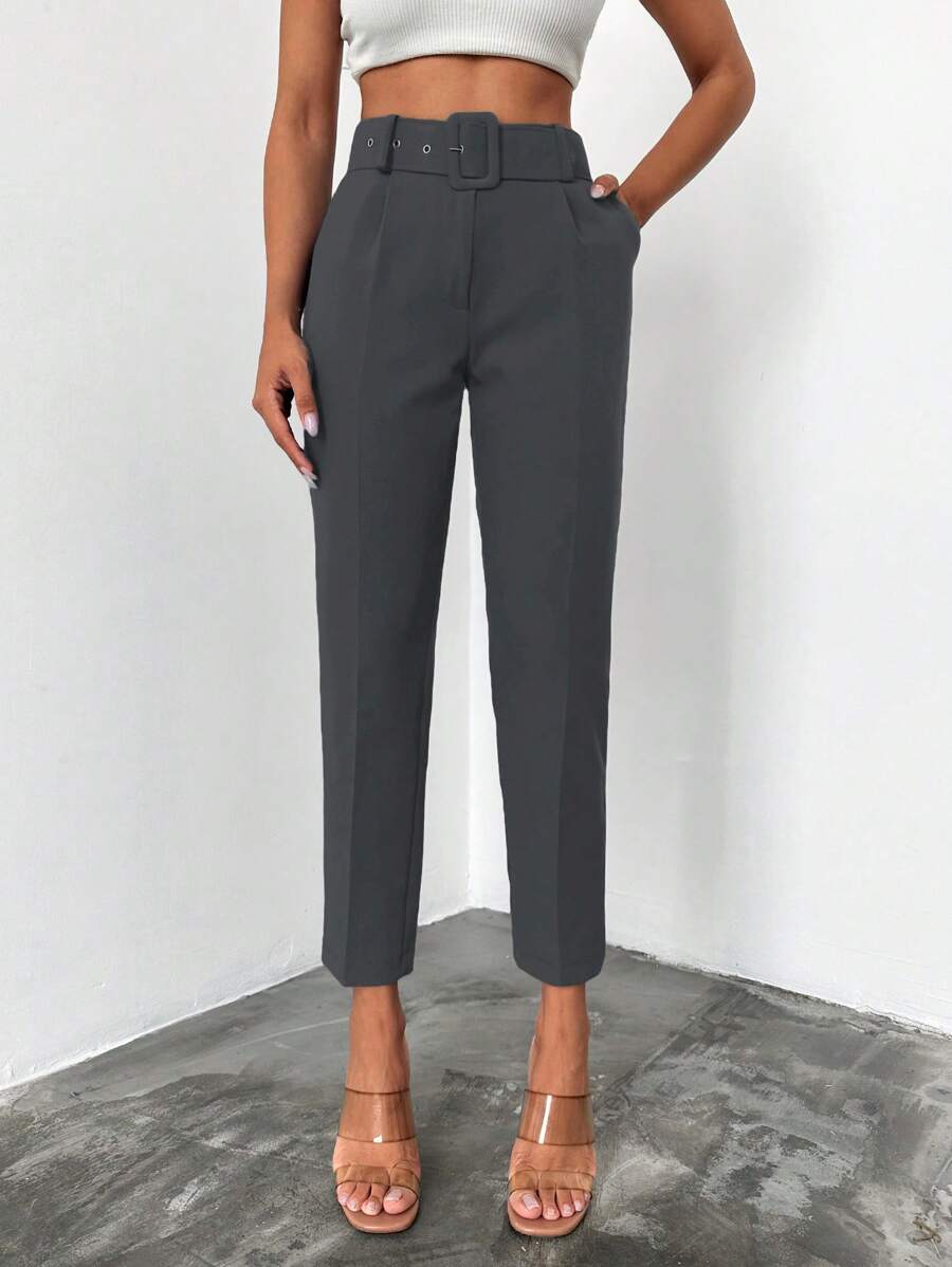 EURMUSE Women's Solid Color High Waist Pleated Pocket Casual/Work Pants - Dark Grey - View 1