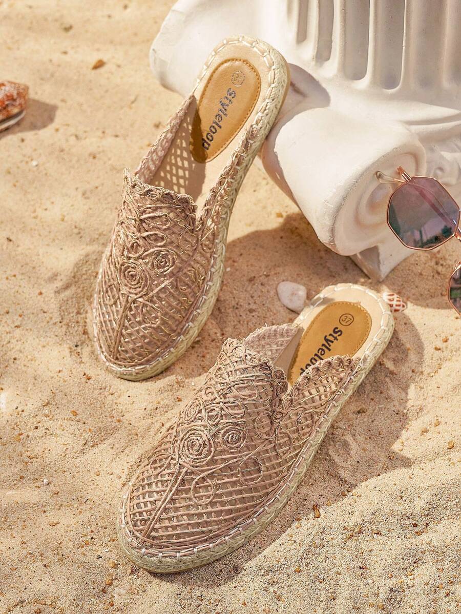 Styleloop Flat  Rope Embroidered Casual Vacation Beach Slip-On Shoes Fall - Pink - View 1