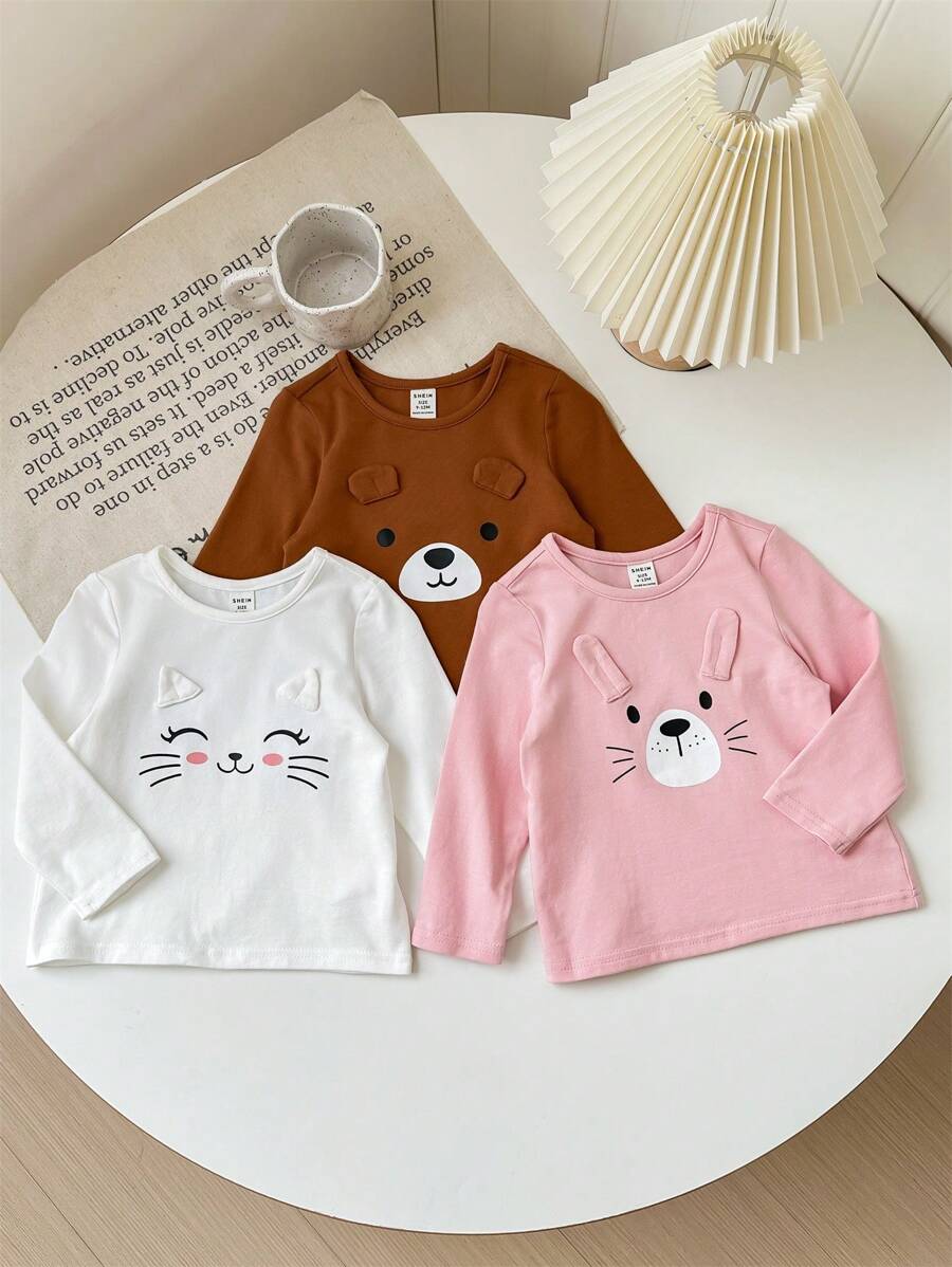 SHEIN LMoss Kids Set de 3 piezas LMoss de jersey de manga larga con patrón de dibujos animados lindo para bebé niña en otoño/invierno
