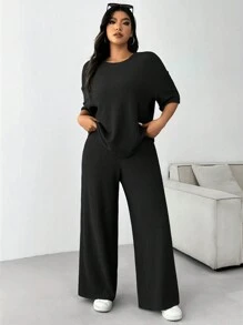 Solflare Plus Size Plain Round Neck Short Sleeve Casual Top And Pants Set