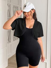 SHEIN EZwear 大码女式短袖白色开衫 - 黑色 - 查看 1