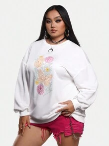 Cecilia Maafs Artist Day Of The Dead Women's Plus Size Long Crewneck Sweatshirt, For Holiday, Vacation, Spring, Festival, For Workout, Ibiza Fits, Western Wear