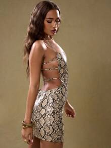 MUSERA PU Snakeskin Print Mini Dress Spring Sexy Cute Summer - Multicolor - View 3