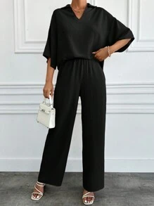 EURMUSE Solid Woven Collared V Neck  Utility Shirt & Pant Set - Black - View 1