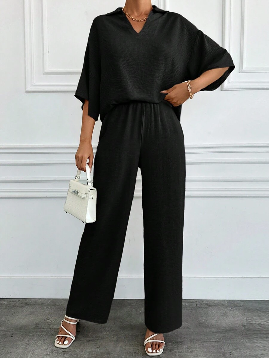 EURMUSE Solid Woven Collared V Neck  Utility Shirt & Pant Set - Black - View 1