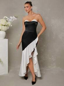 Hauture Elegant Black And White Strapless Bodycon Dress With Cascading Ruffle Detail - Black and White - View 3